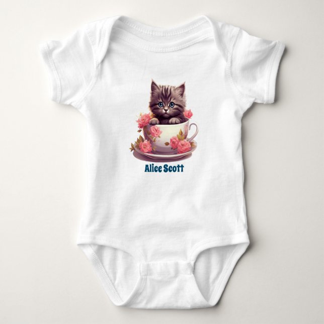 Tabby Kitten in a teacup with pink roses art, Baby Bodysuit (Front)