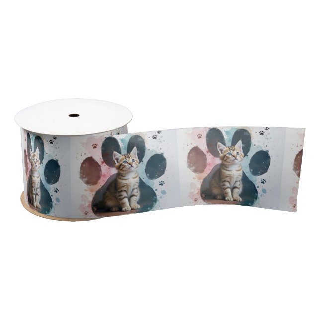 Tabby Kitten In a Watercolor Paw Print Satin Ribbon (Spool)