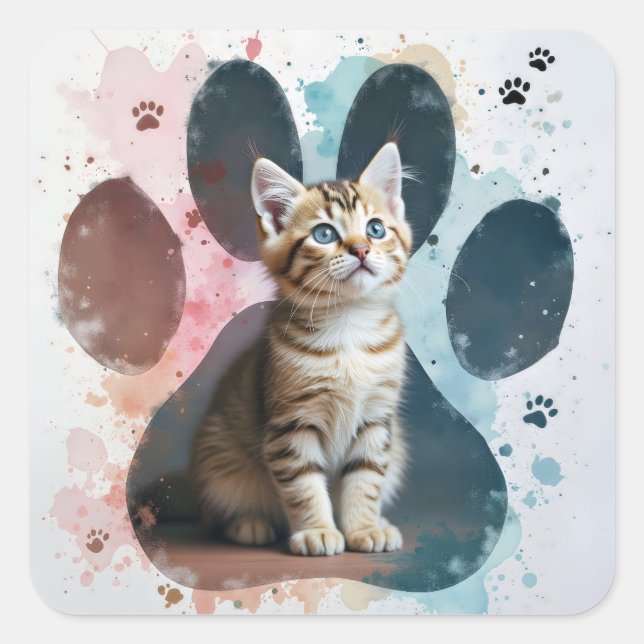 Tabby Kitten In a Watercolor Paw Print Square Sticker (Front)