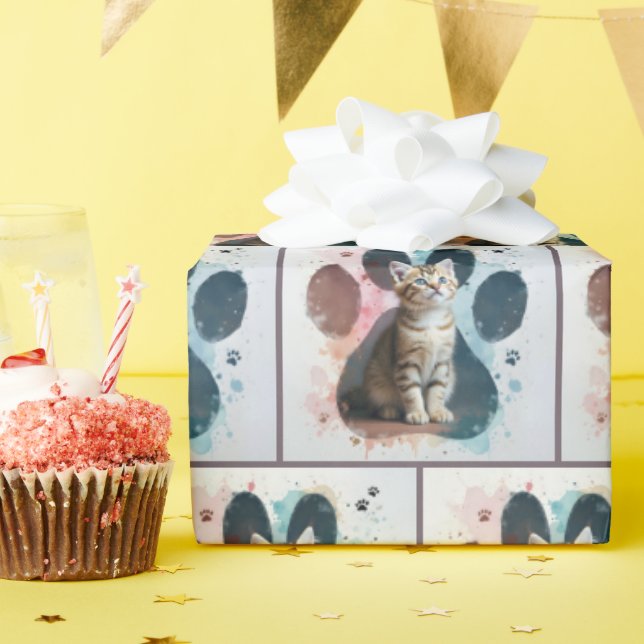 Tabby Kitten In a Watercolor Paw Print Wrapping Paper (Birthday Party)