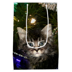 Tabby kitten in Christmas tree Medium Gift Bag