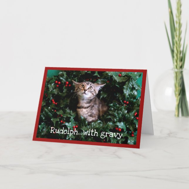Tabby Kitten in Holly Wreath Holiday Card (Front)