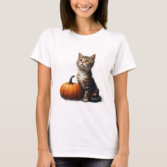 Tabby Kitten In Pumpkin Patch Halloween Scene 🎃 T-Shirt (Front)