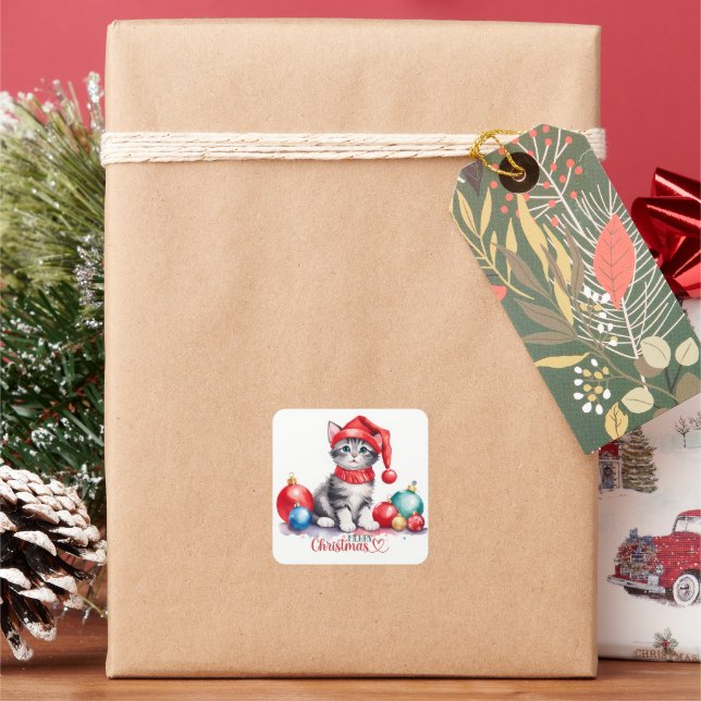 Tabby Kitten In Santa Hat Merry Christmas Square Sticker (Holiday)