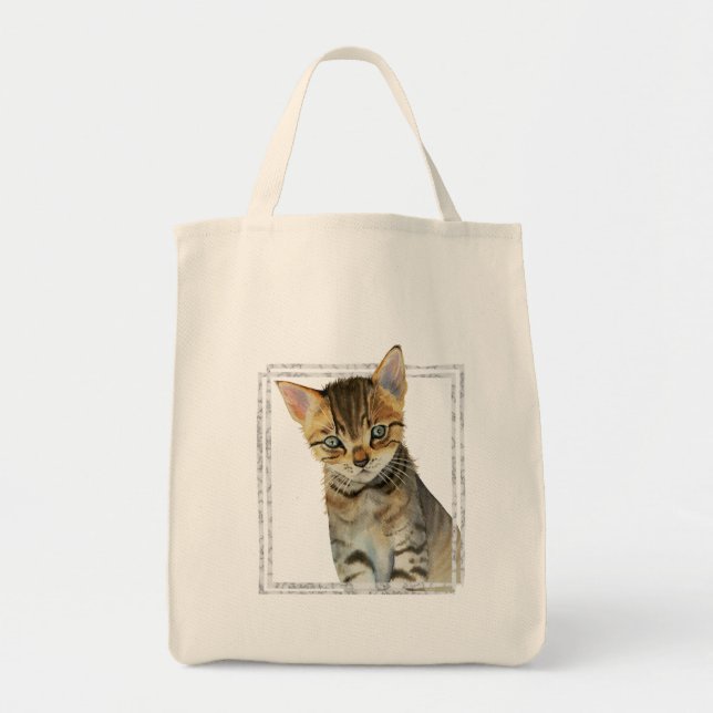 Tabby Kitten Painting with Faux Marble Frame Tote Bag (Front)