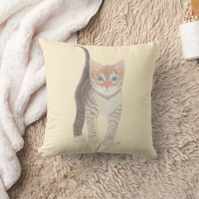 Tabby Kitten Pale Beige Throw Pillow (Blanket)