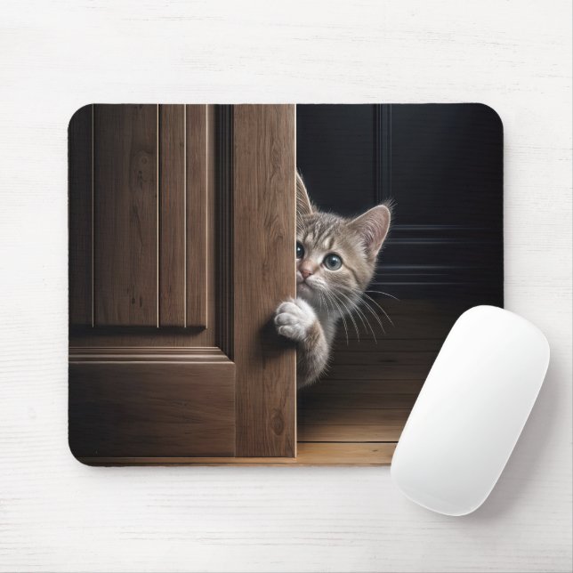 Tabby Kitten Peeking Around a Wooden Door Mouse Pad (With Mouse)