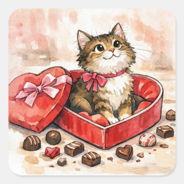 Tabby Kitten Sitting in a Candy Box Square Sticker (Front)