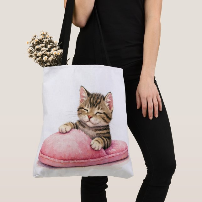 Tabby Kitten Sleeping in a Pink Slipper Tote Bag (Close Up)