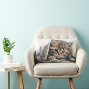 Tabby Kitten Under a Blanket Lumbar Cushion
