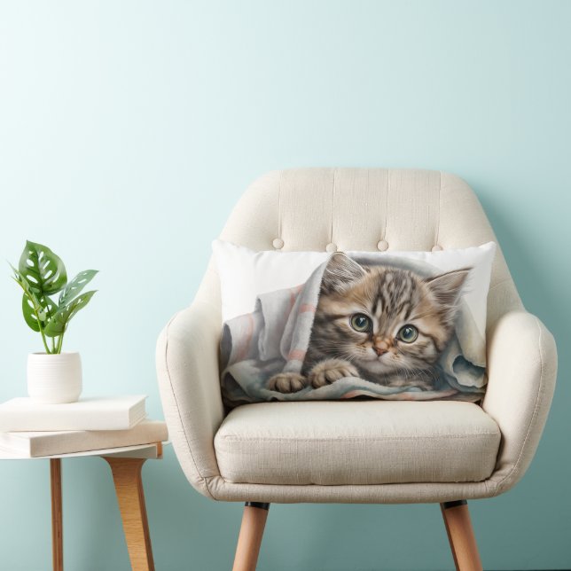 Tabby Kitten Under a Blanket Lumbar Cushion (Chair)
