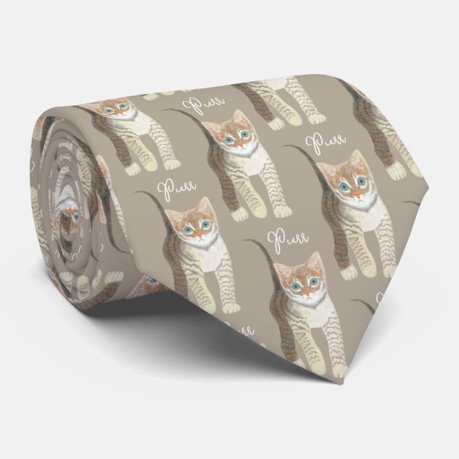 Tabby Kitten With Text Lightest Brown Necktie (Rolled)