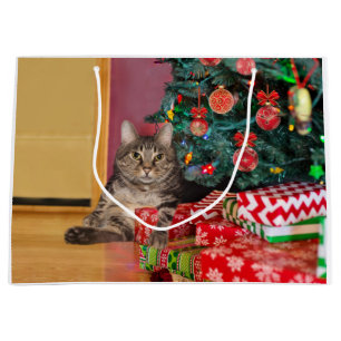 Tabby kitty cat Christmas Large Gift Bag