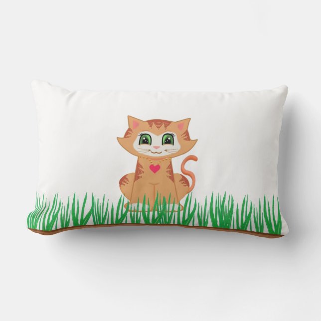 Tabby Kitty Cat & Plant Lumbar Cushion (Front)