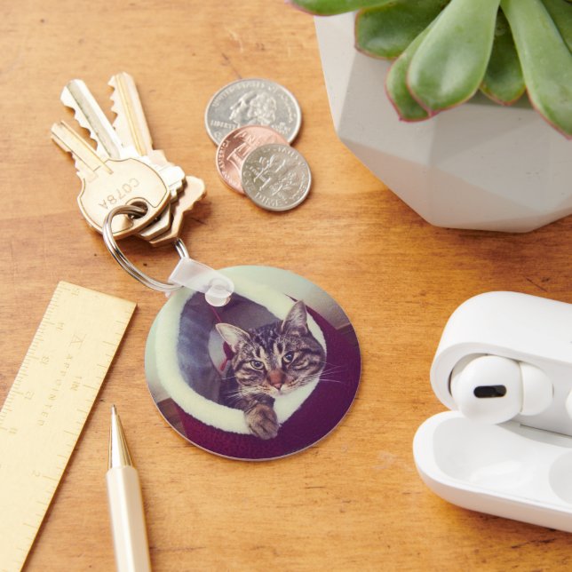 Tabby Kitty In Hut Close-Up Photograph Key Ring (Desk)