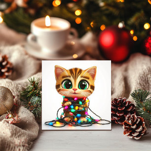 Tabby Kitty Wrapped in Holiday Lights Holiday Card