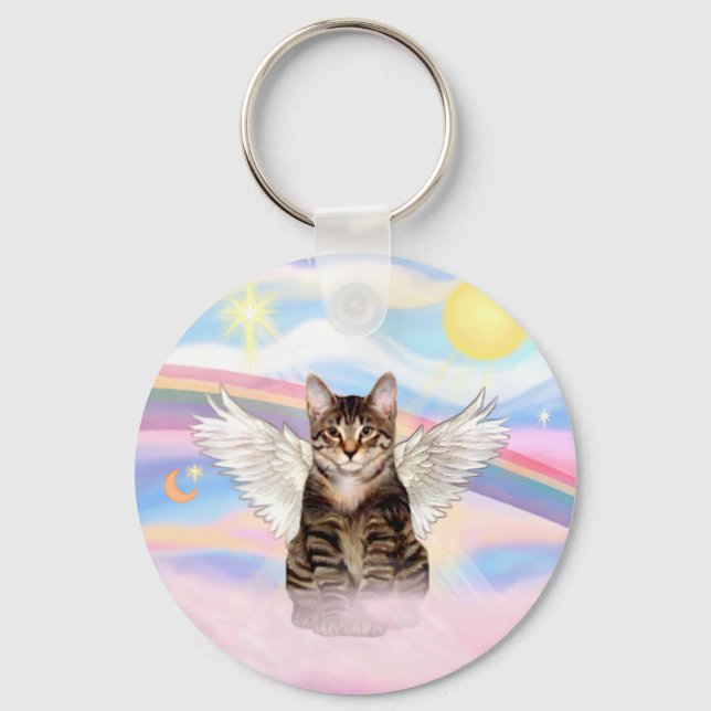 Tabby Tiger Cat Angel in Clouds Key Ring (Front)