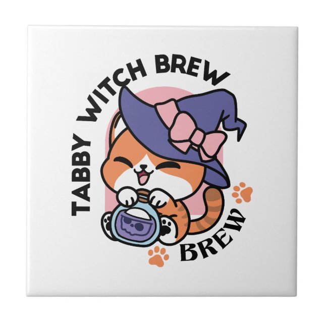 Tabby Witch Brew – Cute Halloween Cat Design Ceramic Tile (Front)