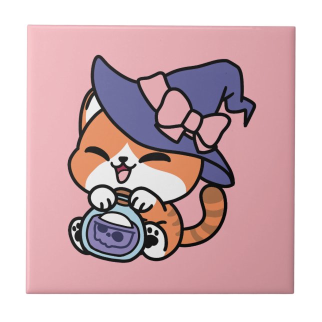 Tabby Witch Brew – Cute Halloween Cat Design Ceramic Tile (Front)