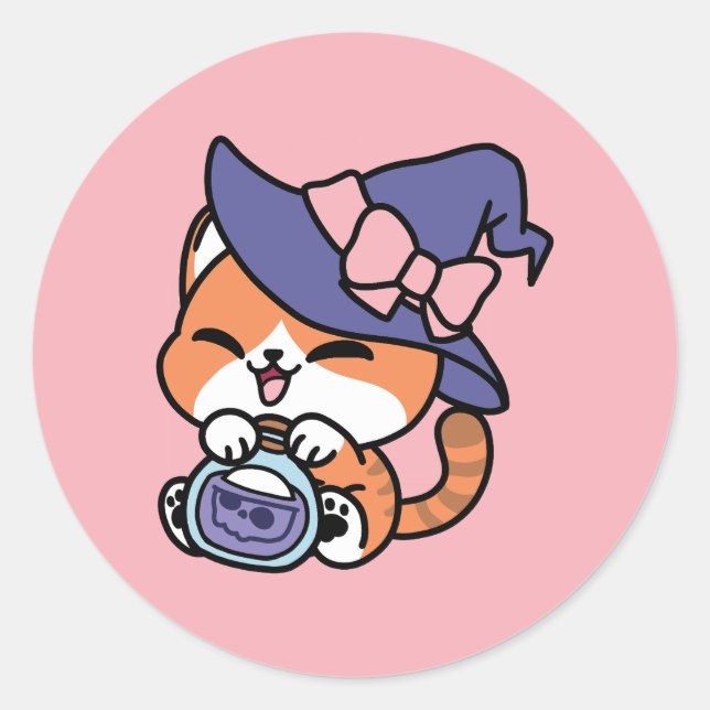 Tabby Witch Brew – Cute Halloween Cat Design Classic Round Sticker (Front)