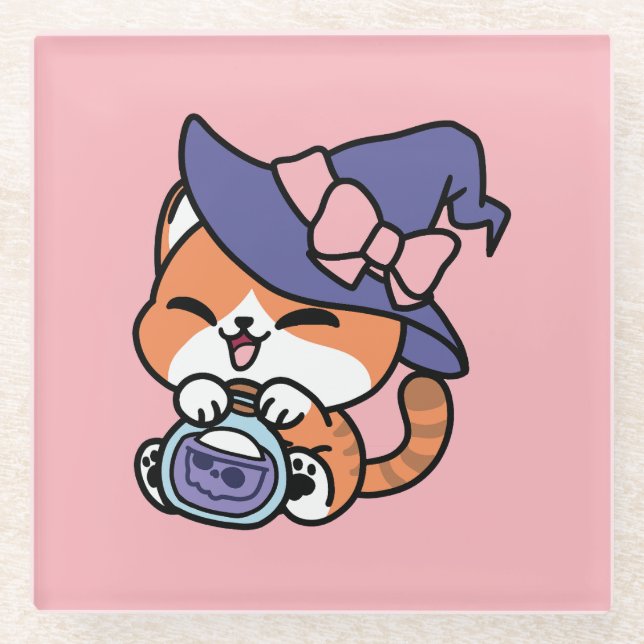 Tabby Witch Brew – Cute Halloween Cat Design Glass Coaster (Front)