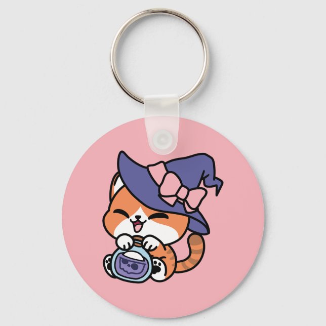 Tabby Witch Brew – Cute Halloween Cat Design Key Ring (Front)