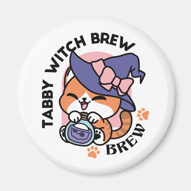 Tabby Witch Brew – Cute Halloween Cat Design Magnet (Front)