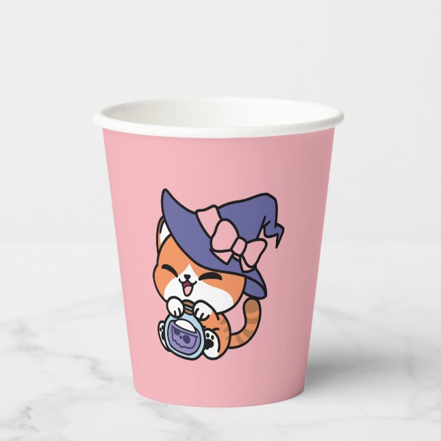Tabby Witch Brew – Cute Halloween Cat Design Paper Cups (Front)