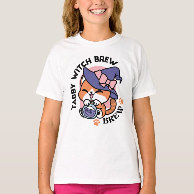 Tabby Witch Brew – Cute Halloween Cat Design T-Shirt (Front)