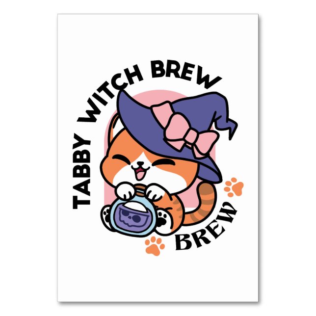 Tabby Witch Brew – Cute Halloween Cat Design Table Number (Front)