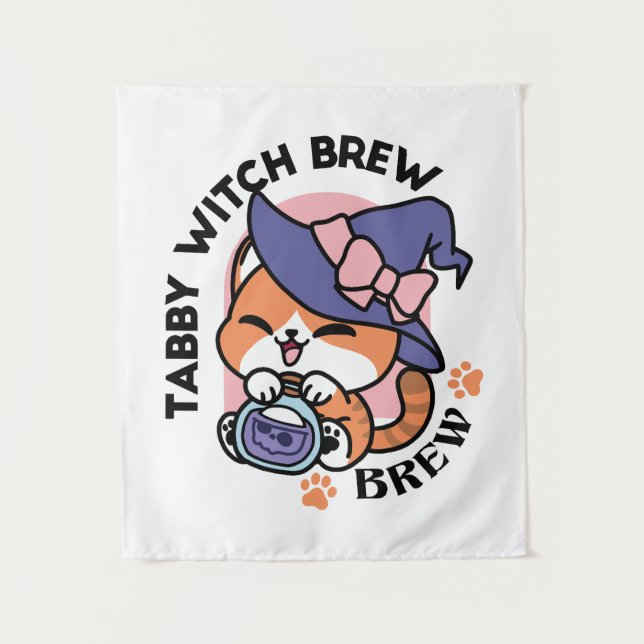 Tabby Witch Brew – Cute Halloween Cat Design Tapestry (Front)