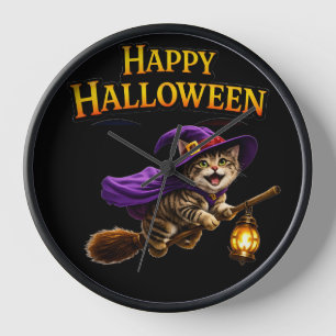 Tabby witch kitten happy Halloween whimsical wall  Clock