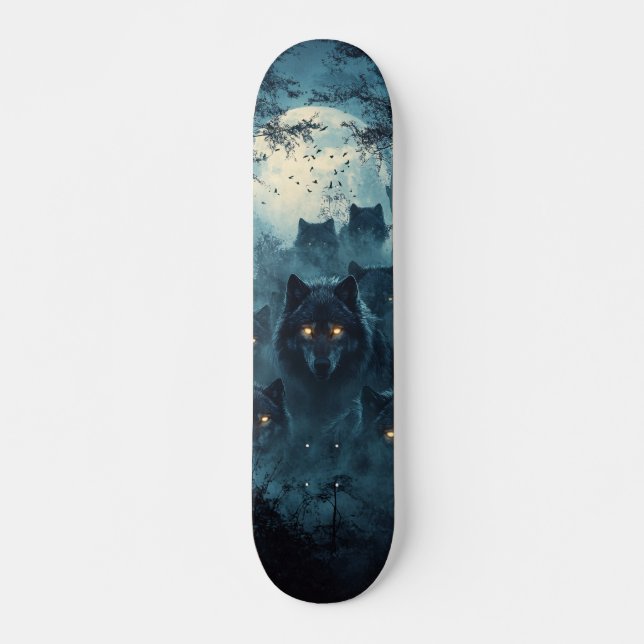 Tabla de Skate Lobos en un Bosque Nocturno  Skateboard (Front)