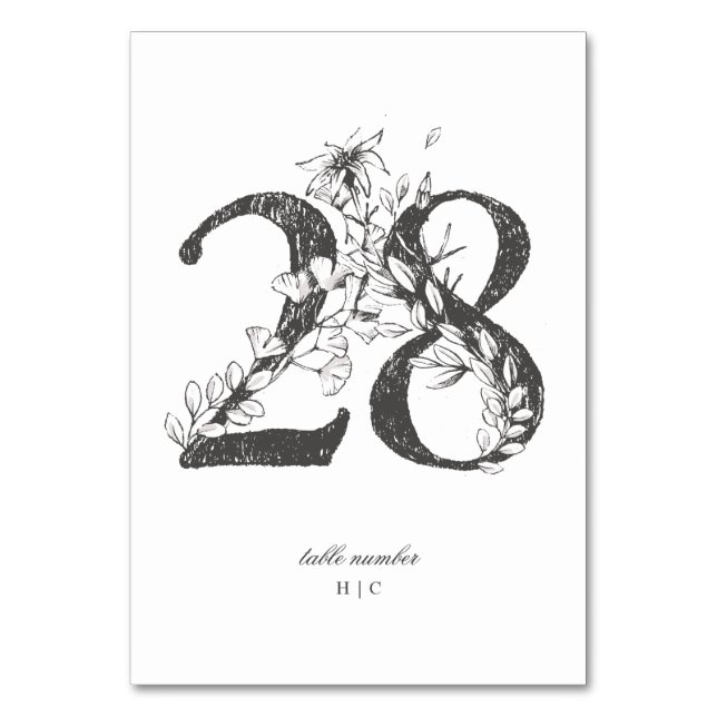 Table 28 Beautiful Floral Sketched Wreath Wedding Table Number (Front)
