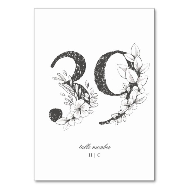 Table 39 Beautiful Floral Sketched Wreath Wedding Table Number (Front)
