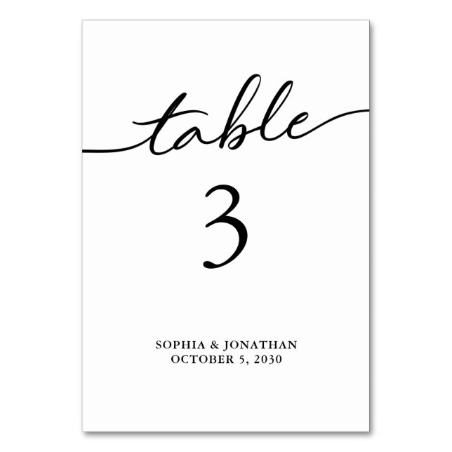 Table 3 Black Calligraphy Personalised Wedding Table Number (Front)