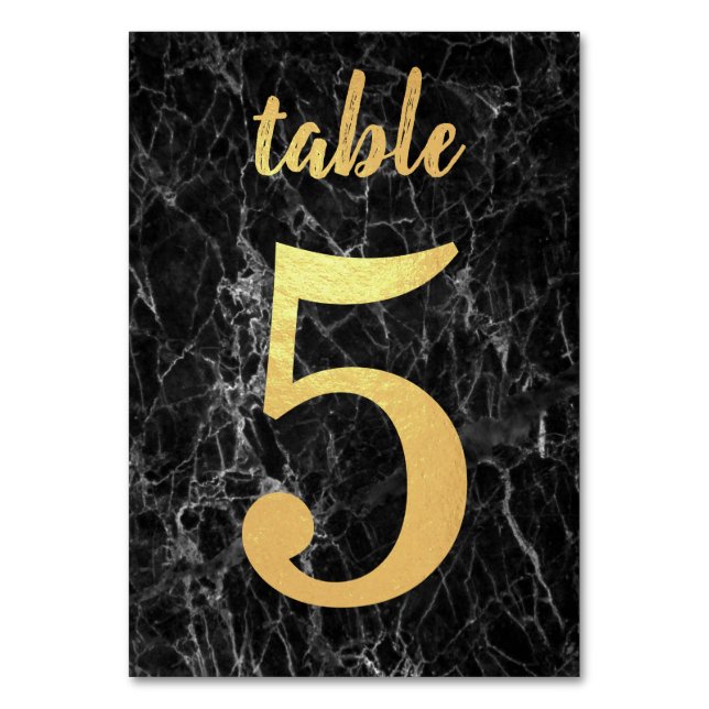 Table 5 Black Marble Faux Gold Foil Simple Elegant Table Number (Front)