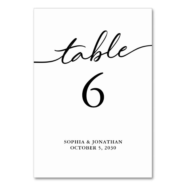 Table 6 Black Calligraphy Personalised Wedding Table Number (Front)