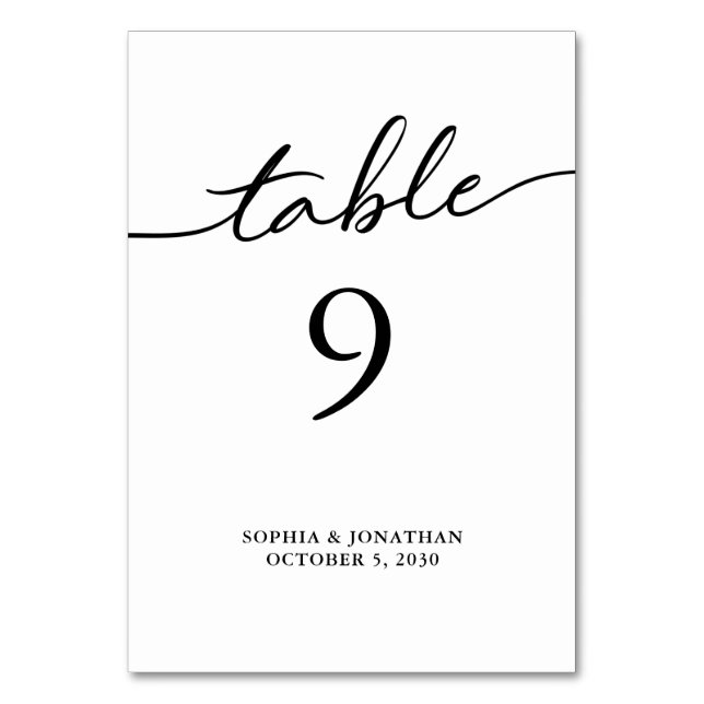 Table 9 Black Calligraphy Personalised Wedding Table Number (Front)