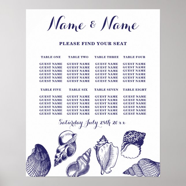 Table Beach Wedding Seating 8 Seating Plan Shells Poster (Front)