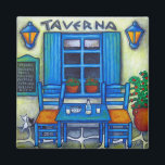 Table for Two in Greece Magnet<br><div class="desc">A colourful,  romantic scene at a Taverna in beautiful Greece with those beautiful Greek Blues.</div>