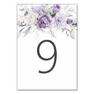 Table Nine Watercolor Purple Floral Wedding Table Number