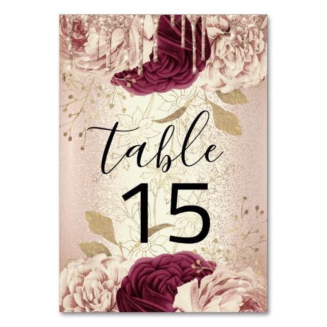 Table Number 15 Drips Floral Rose Marsala Burgundy (Front)