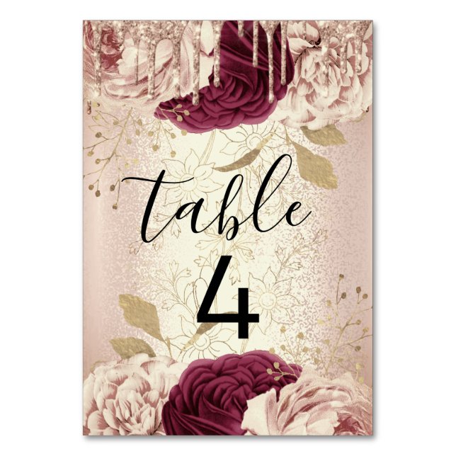 Table Number 4 Drips Florals Rose Marsala Burgundy (Front)