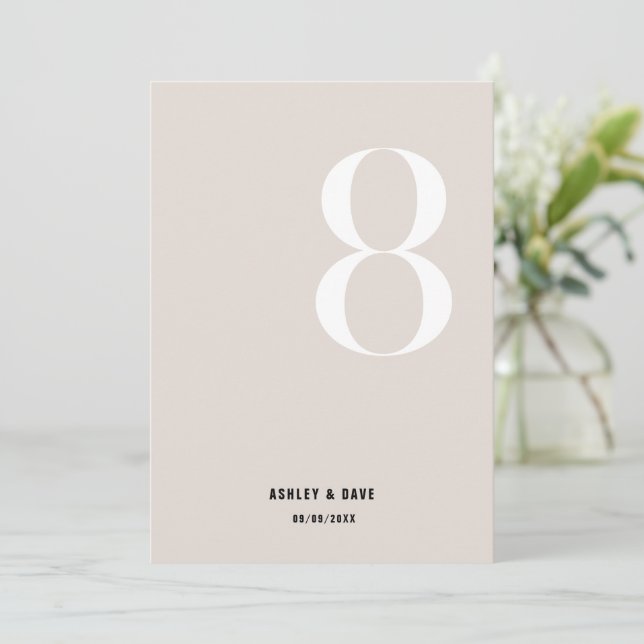 Table Number 8 Bold Beige Wedding Table Number (Standing Front)
