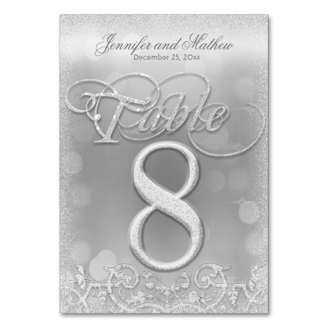 Table Number 8 Elegant Silver Faux Glitter (Front)