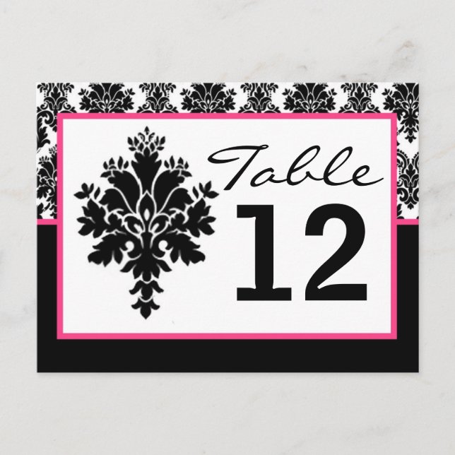 Table Number Card Black Hot Pink Damask Lace Print (Front)