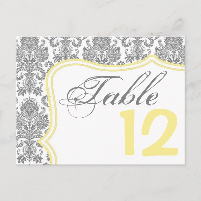 Table Number Card Grey Yellow Damask Lace Print (Front)