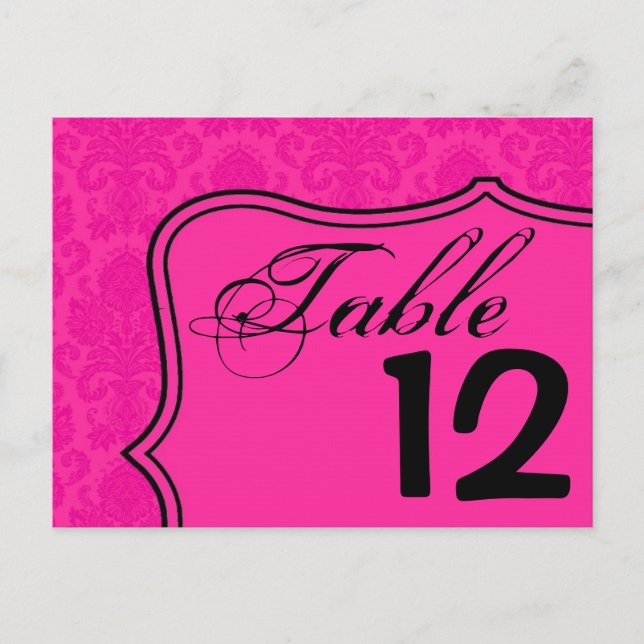 Table Number Card Hot Pink Black Damask Lace Print (Front)