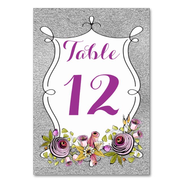 Table Number Card | Plum, FAUX Silver Foil Floral (Front)